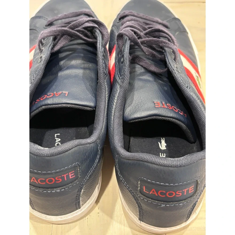 Lacoste Grad Vulc 120 2 P Mens Navy Blue Leather Striped Sneakers Size 8 Preppy